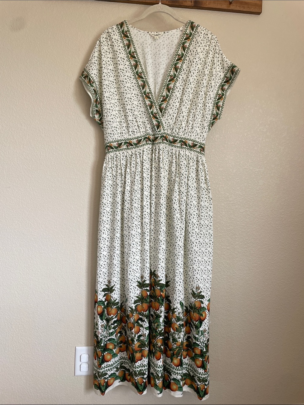 Max Studio London Cream Maxi Dress XL Oranges Fruit Print Linen Blend Cottage